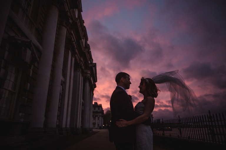 Bride and groom outside the Royal Naval College in Greenwich.